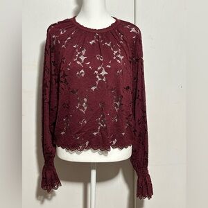 Free People Olivia Lace Top Blouse Wine Burgundy Long Bell Sleeves Size XS